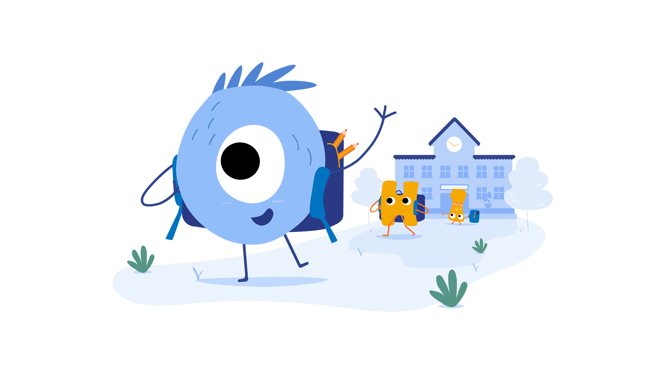 Illustration of Lilo, the blue mascot of Lalilo, in front of a school