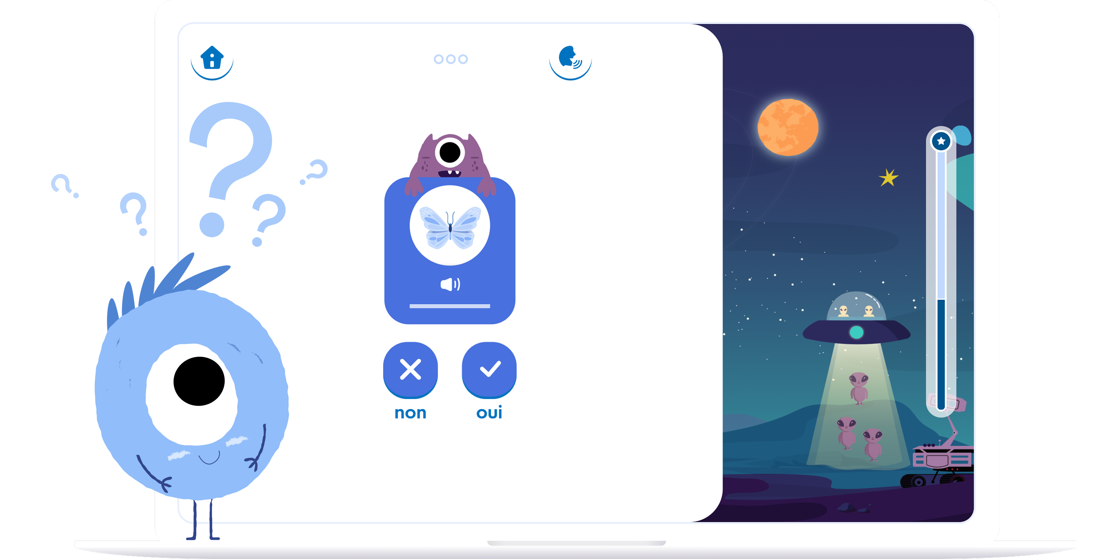 Illustration de Lilo devant un écran de jeu de Lalilo